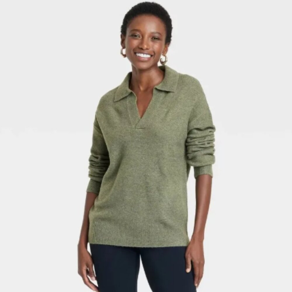 A New Day Cozy Olive Green Polo Collar Pullover Sweater Size XXL Excellent Used